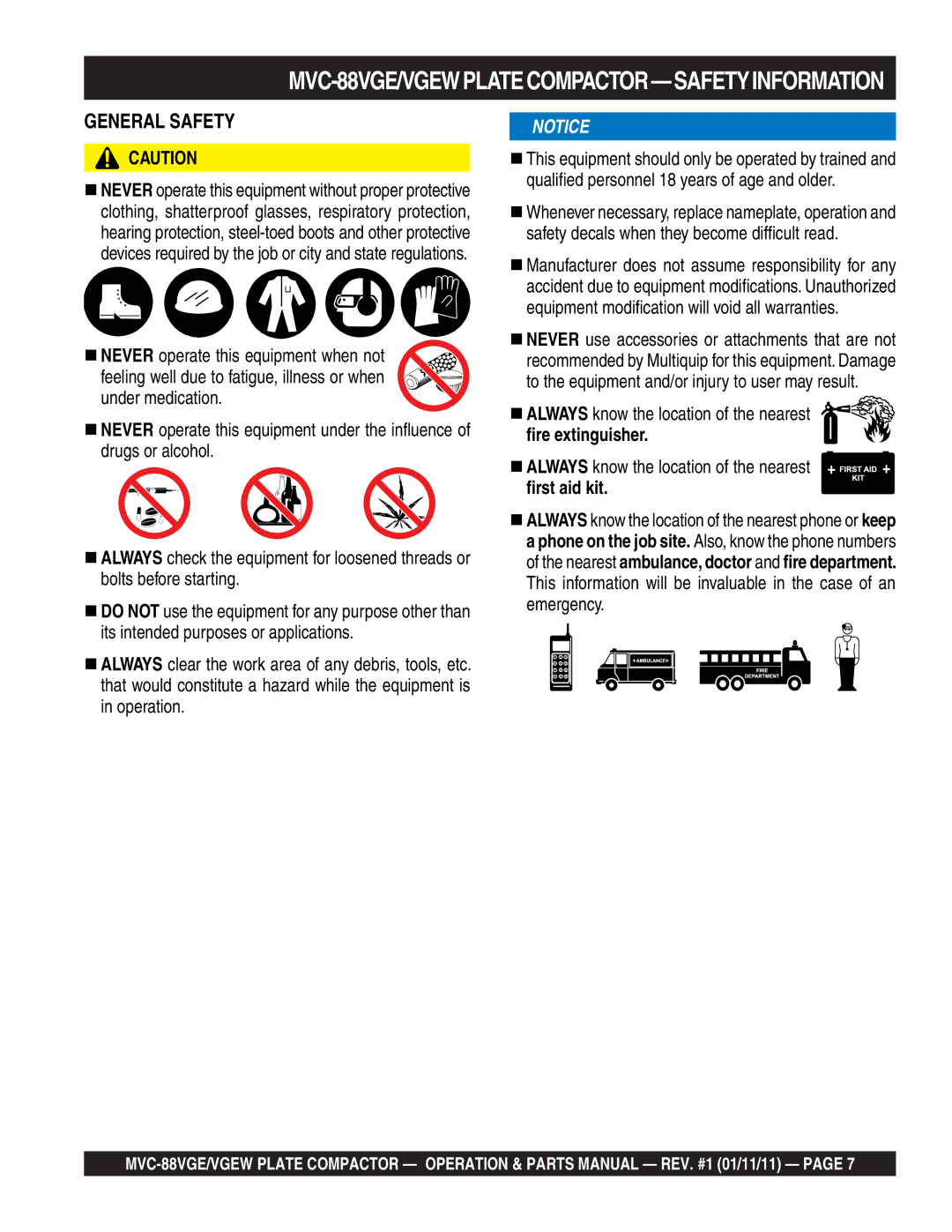 Multiquip MVC-88VGE/VGEW manual General Safety 