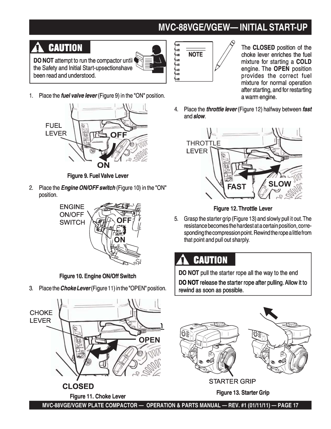 Multiquip manual MVC-88VGE/VGEW- INITIAL START-UP, Nnnn, Fast Slow, Open, Closed, Fuel Valve Lever, Throttle Lever 