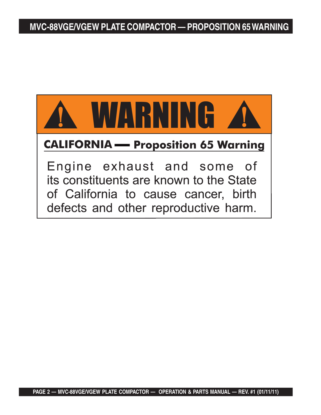 Multiquip manual MVC-88VGE/VGEW PLATE COMPACTOR - PROPOSITION 65WARNING 
