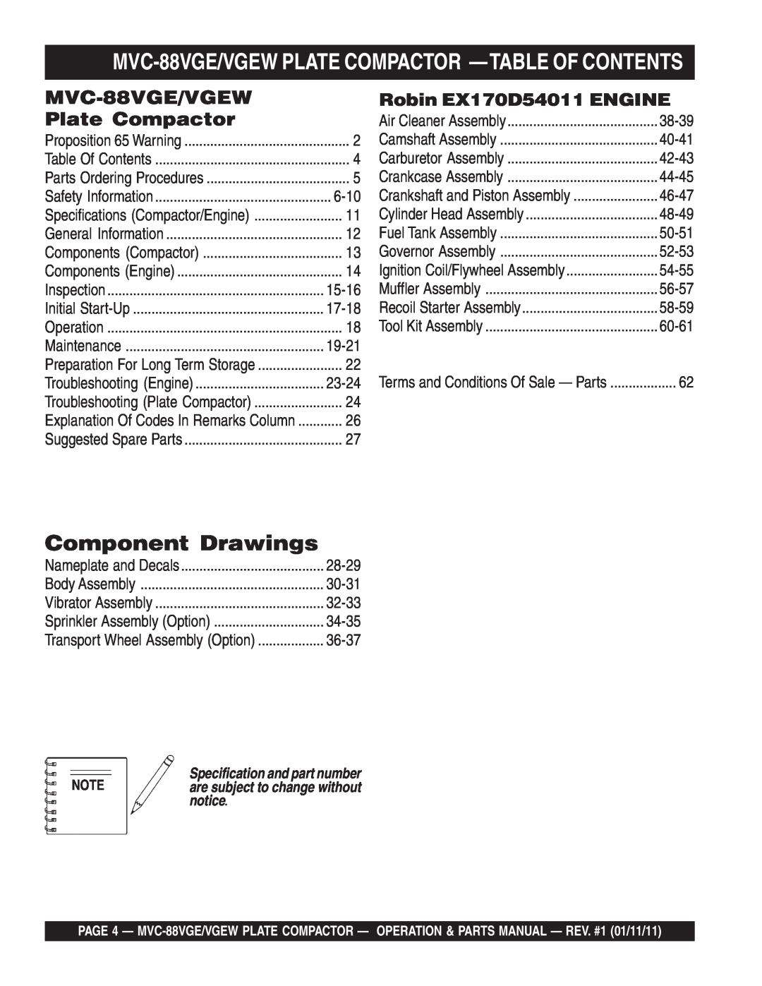 Multiquip manual MVC-88VGE/VGEW PLATE COMPACTOR -TABLE OF CONTENTS, Robin EX170D54011 ENGINE, Component Drawings, 6-10 