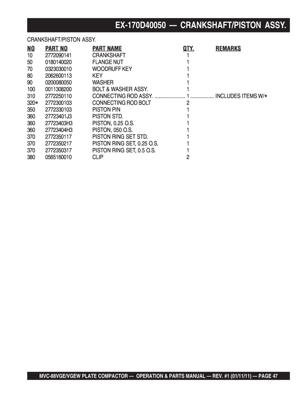 Multiquip MVC-88VGE/VGEW manual EX-170D40050 - CRANKSHAFT/PISTON ASSY, Part Name, Remarks 