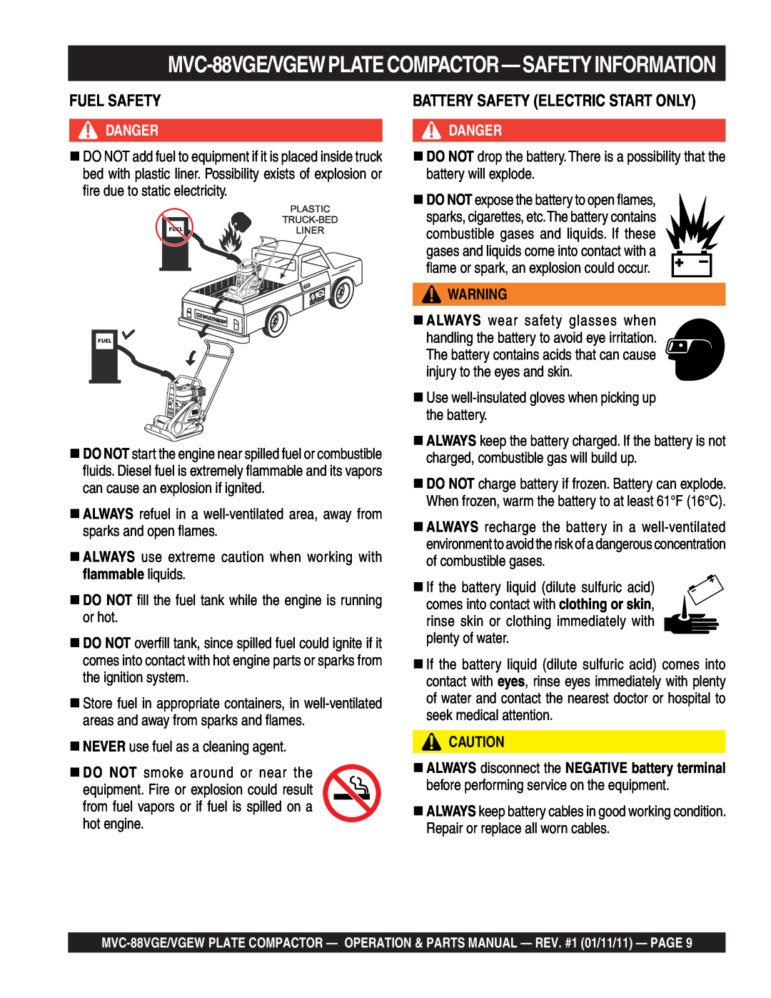 Multiquip manual MVC-88VGE/VGEWPLATECOMPACTOR-SAFETYINFORMATION, Fuel Safety, Battery Safety Electric Start Only, Danger 