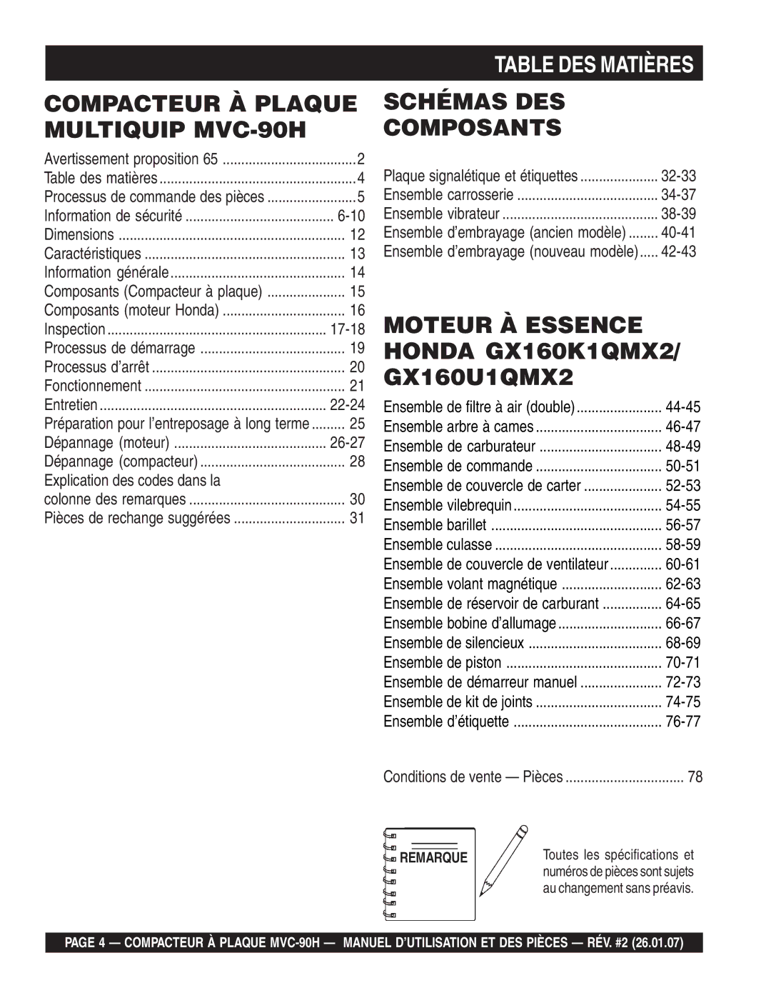 Multiquip MVC-90H manuel dutilisation Table DES Matières 