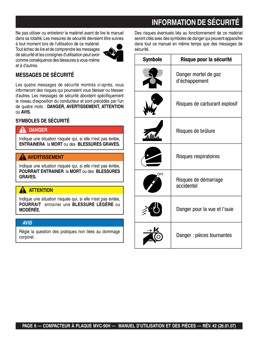 Multiquip MVC-90H manuel dutilisation Information DE Sécurité 