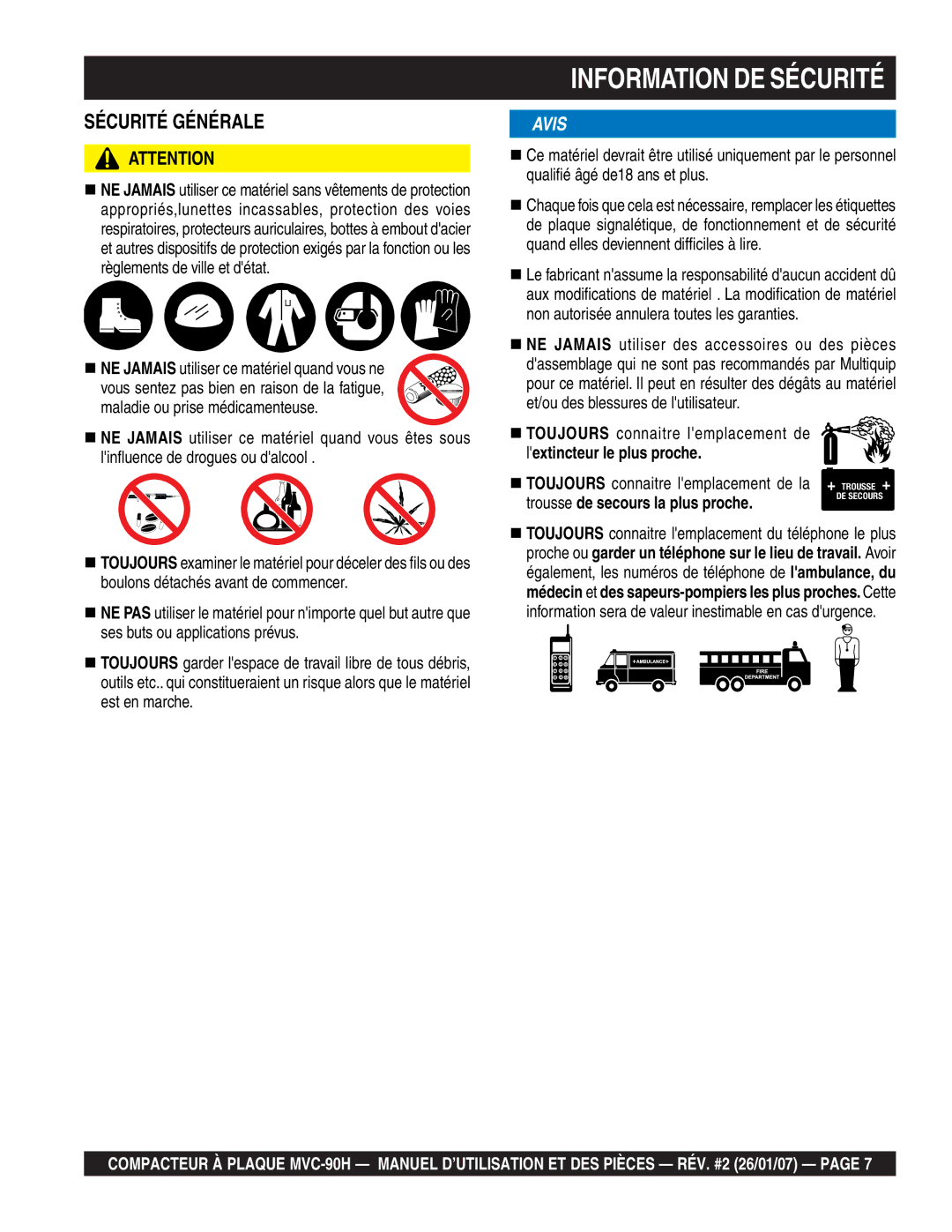 Multiquip MVC-90H manuel dutilisation Information DE Sécurité 