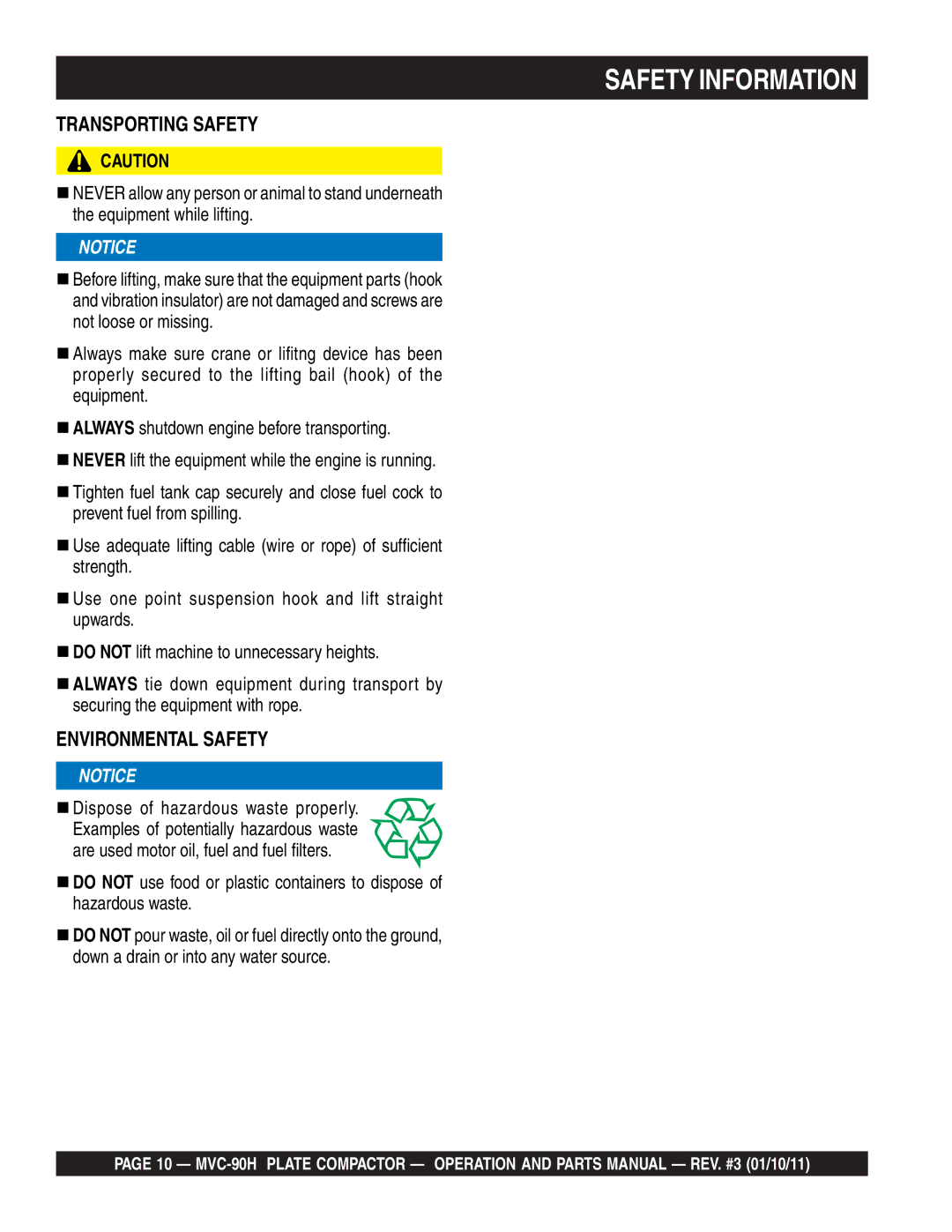 Multiquip MVC-90H manual Transporting Safety 