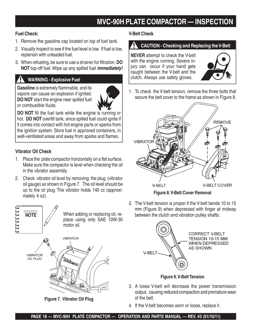 Multiquip manual MVC-90H Plate Compactor Inspection, Fuel Check, Vibrator Oil Check, Motor oil, Belt Check 