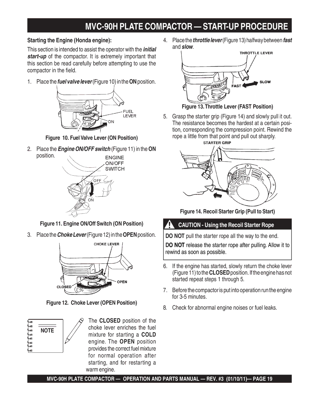 Multiquip manual MVC-90H Plate Compactor START-UP Procedure, Starting the Engine Honda engine 