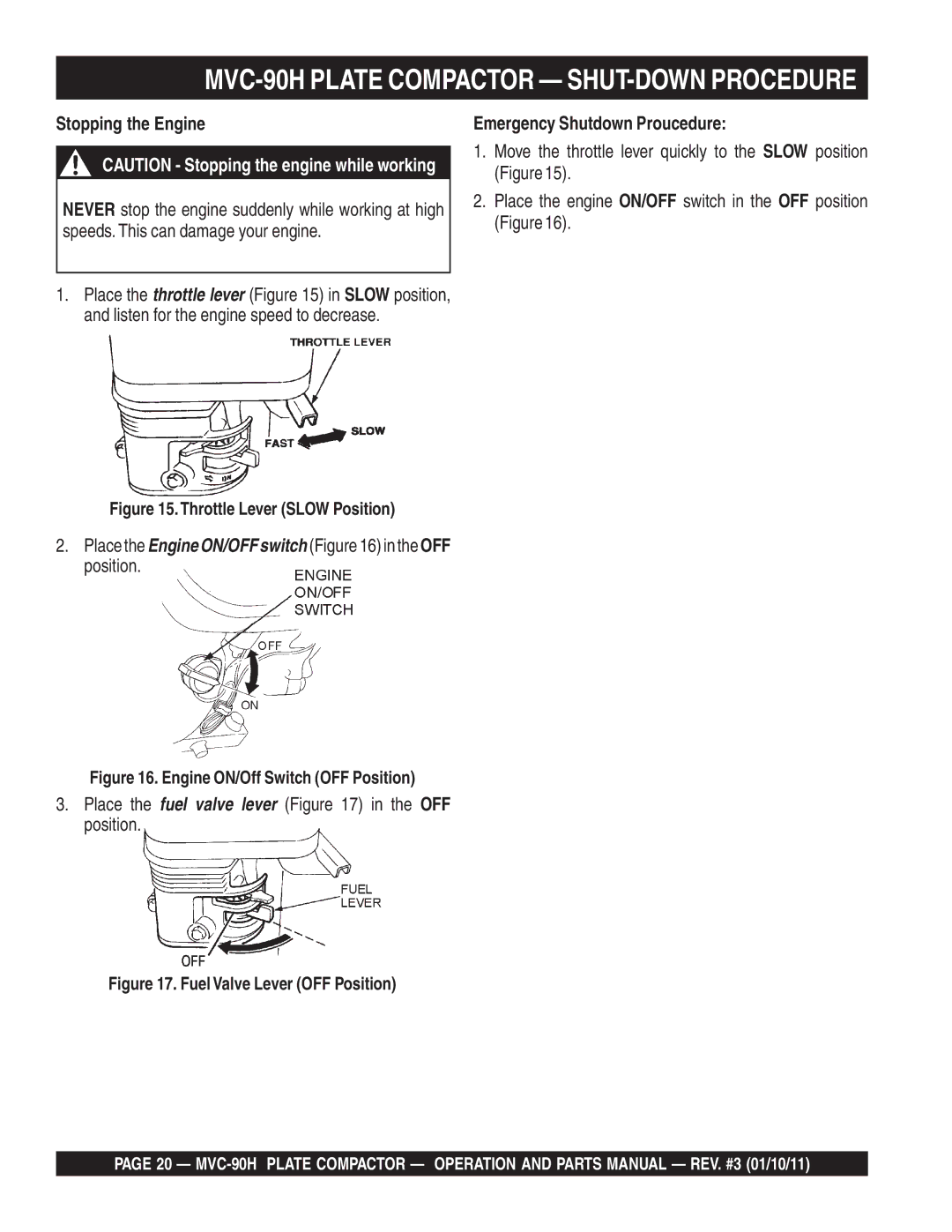 Multiquip manual MVC-90H Plate Compactor SHUT-DOWN Procedure, Stopping the Engine, Emergency Shutdown Proucedure 