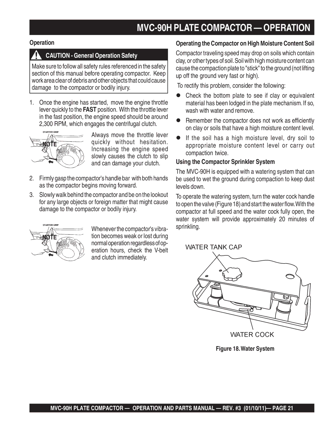 Multiquip manual MVC-90H Plate Compactor Operation, Always move the throttle lever, Using the Compactor Sprinkler System 