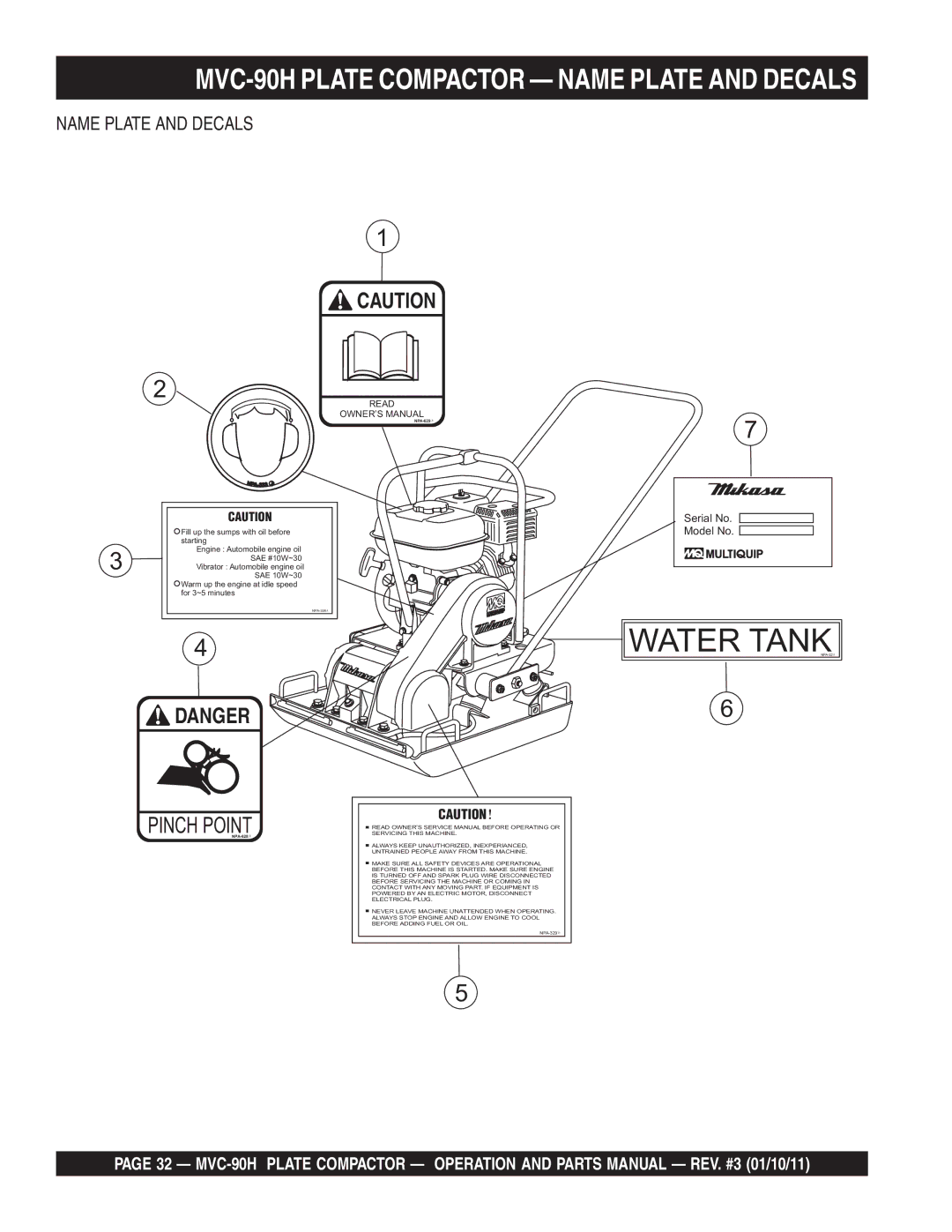 Multiquip manual MVC-90H Plate Compactor Name Plate and Decals 