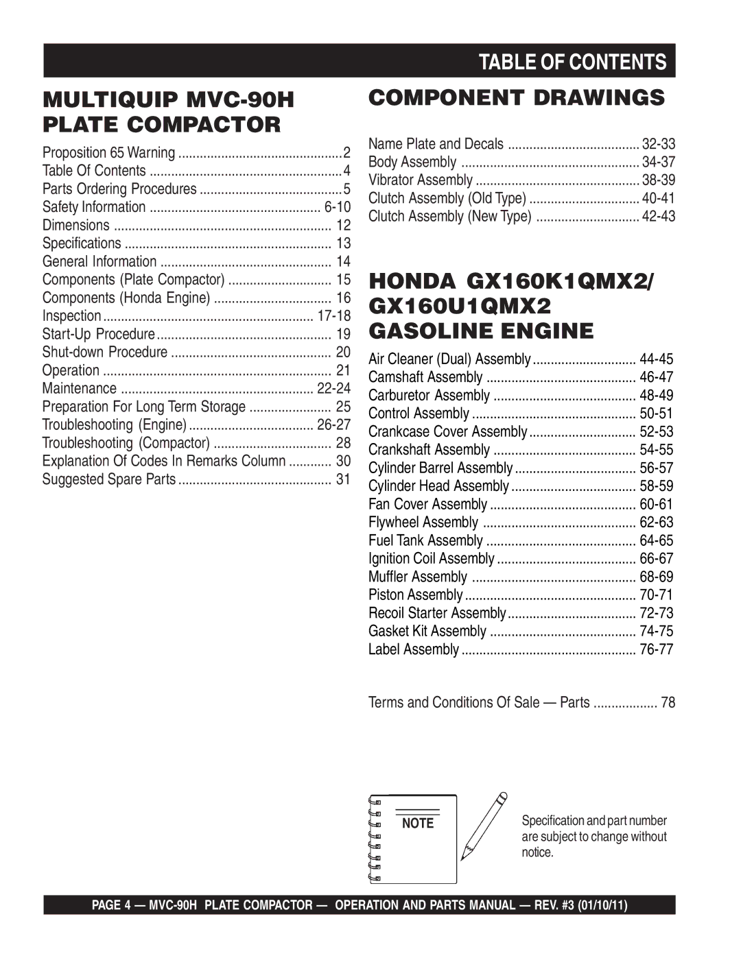 Multiquip MVC-90H manual Table of Contents 