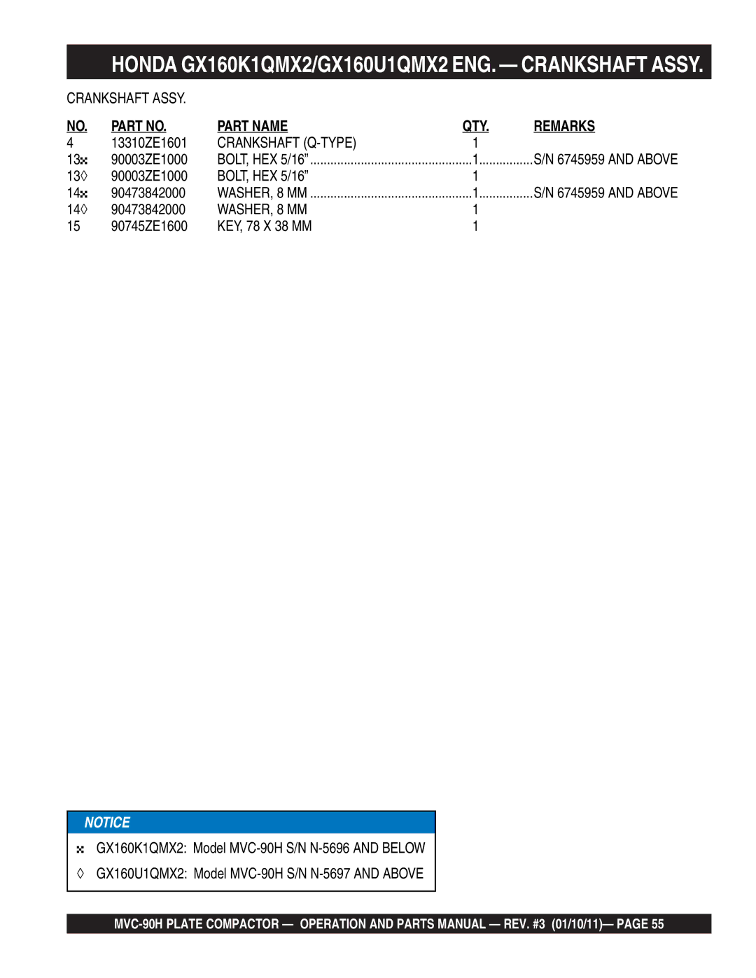 Multiquip MVC-90H manual Crankshaft Assy, Crankshaft Q-TYPE, WASHER, 8 MM 