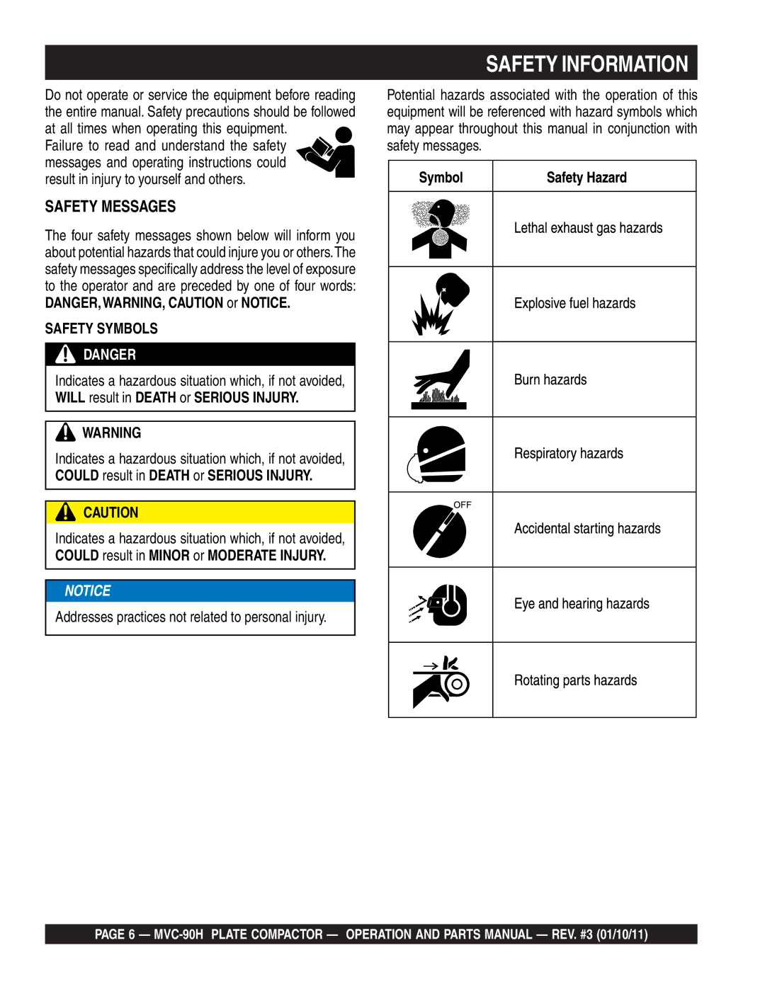 Multiquip MVC-90H manual Safety Information, Safety Messages 