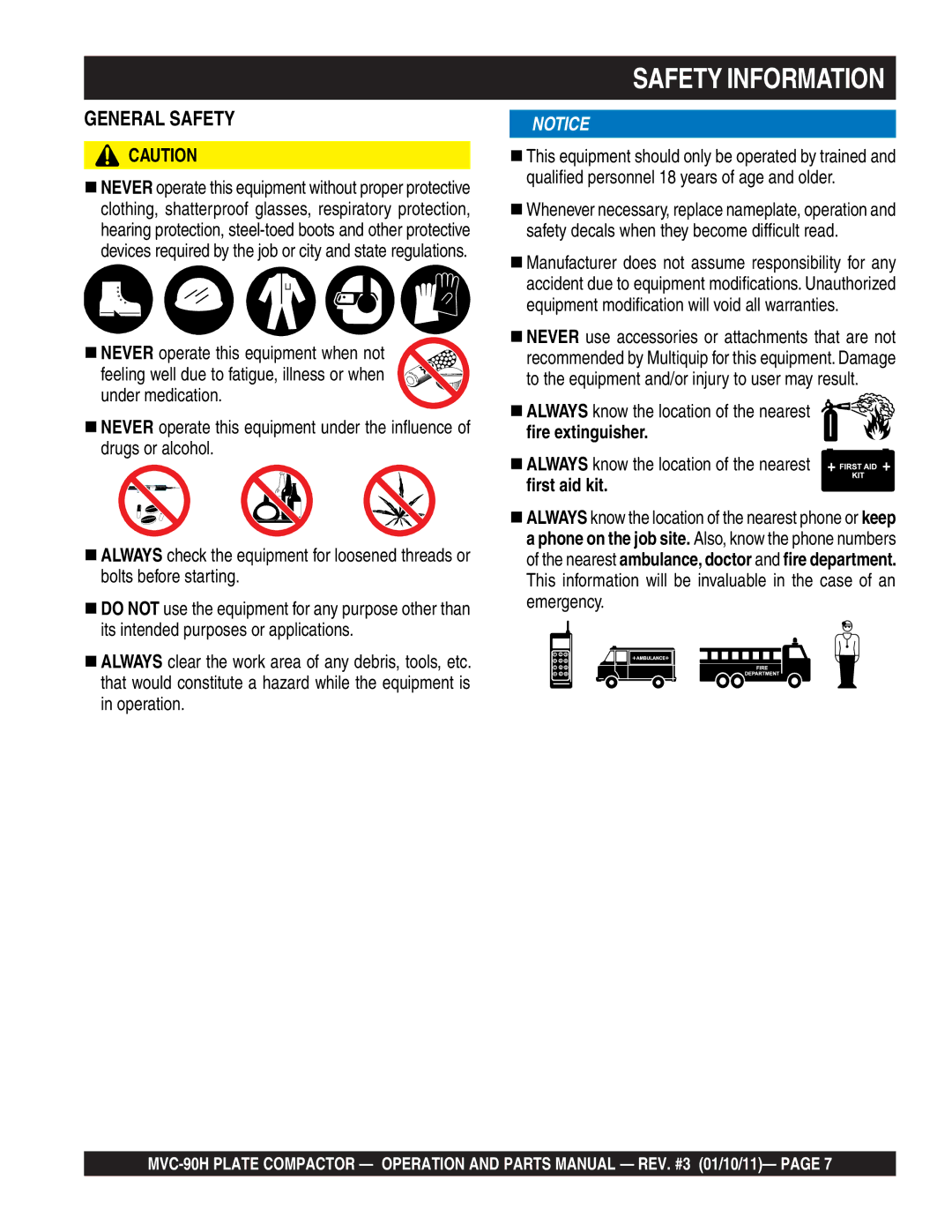 Multiquip MVC-90H manual General Safety 