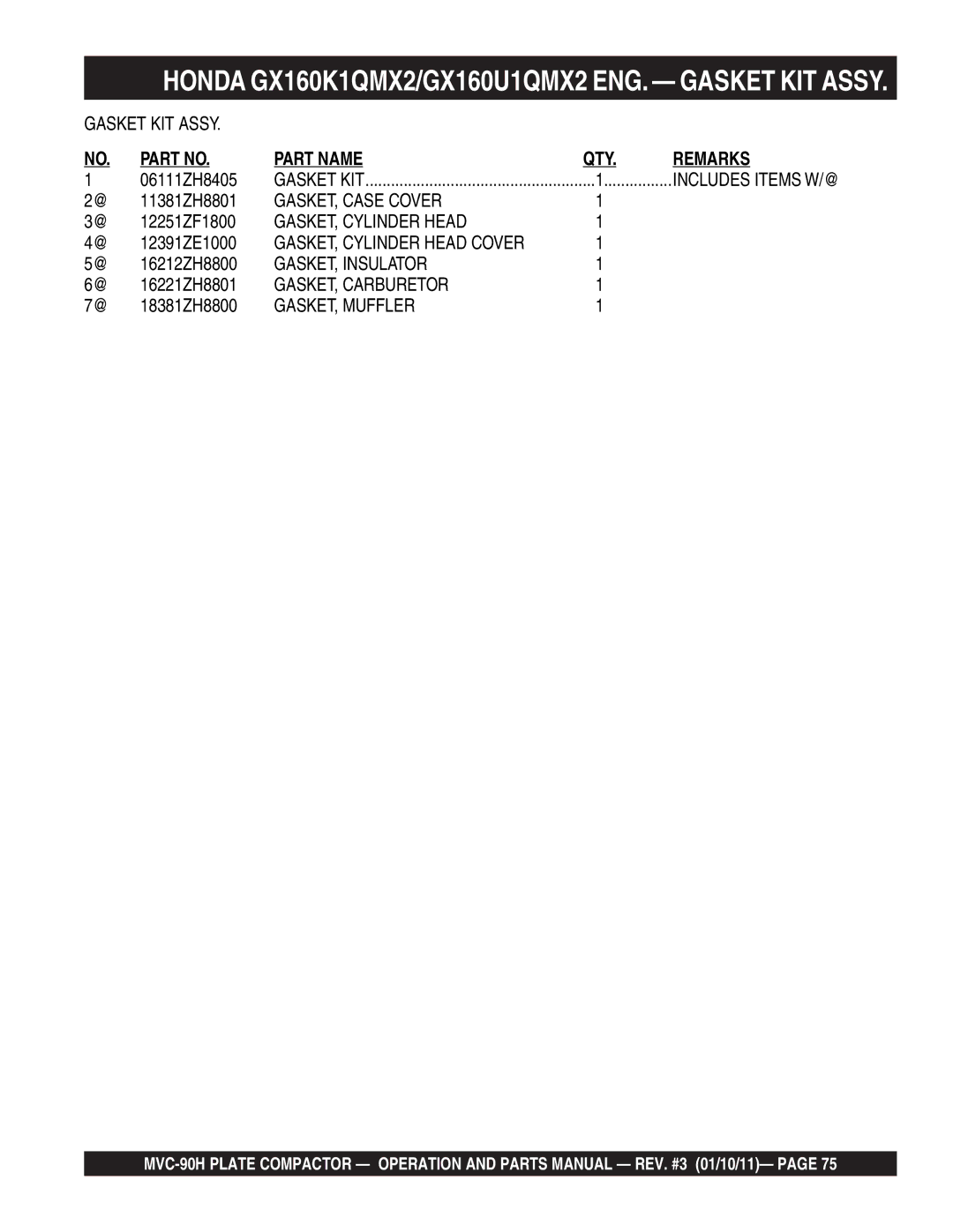 Multiquip MVC-90H manual Gasket KIT Assy, GASKET, Case Cover 