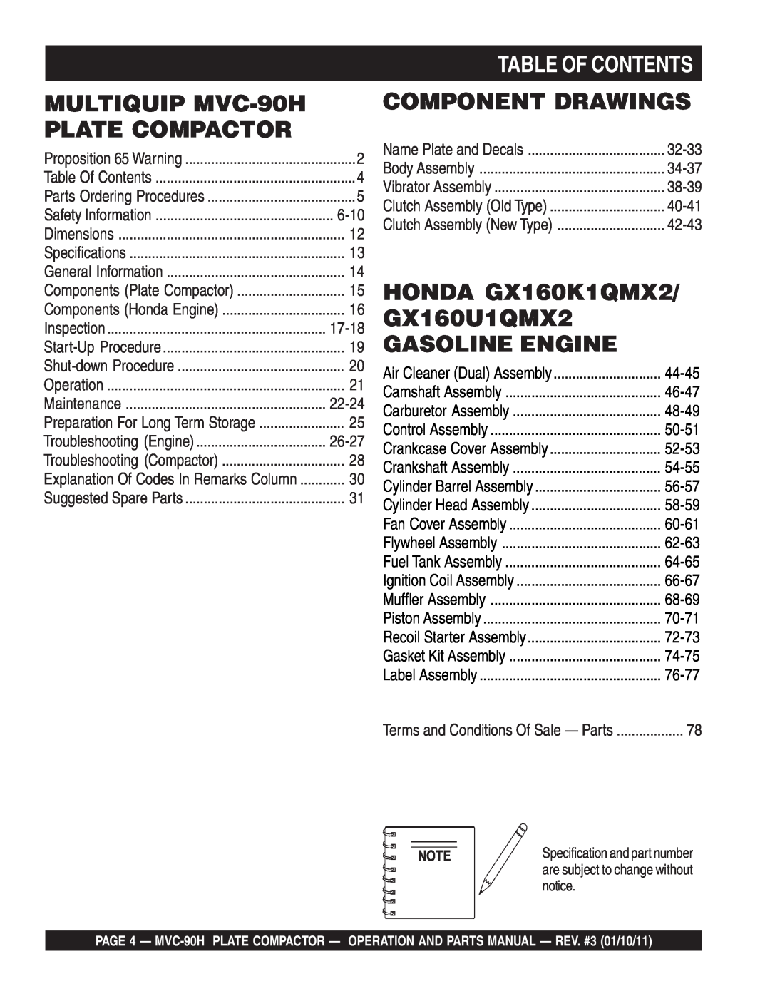 Multiquip manual MULTIQUIP MVC-90H, Plate Compactor, Table Of Contents, Component Drawings, 6-10 