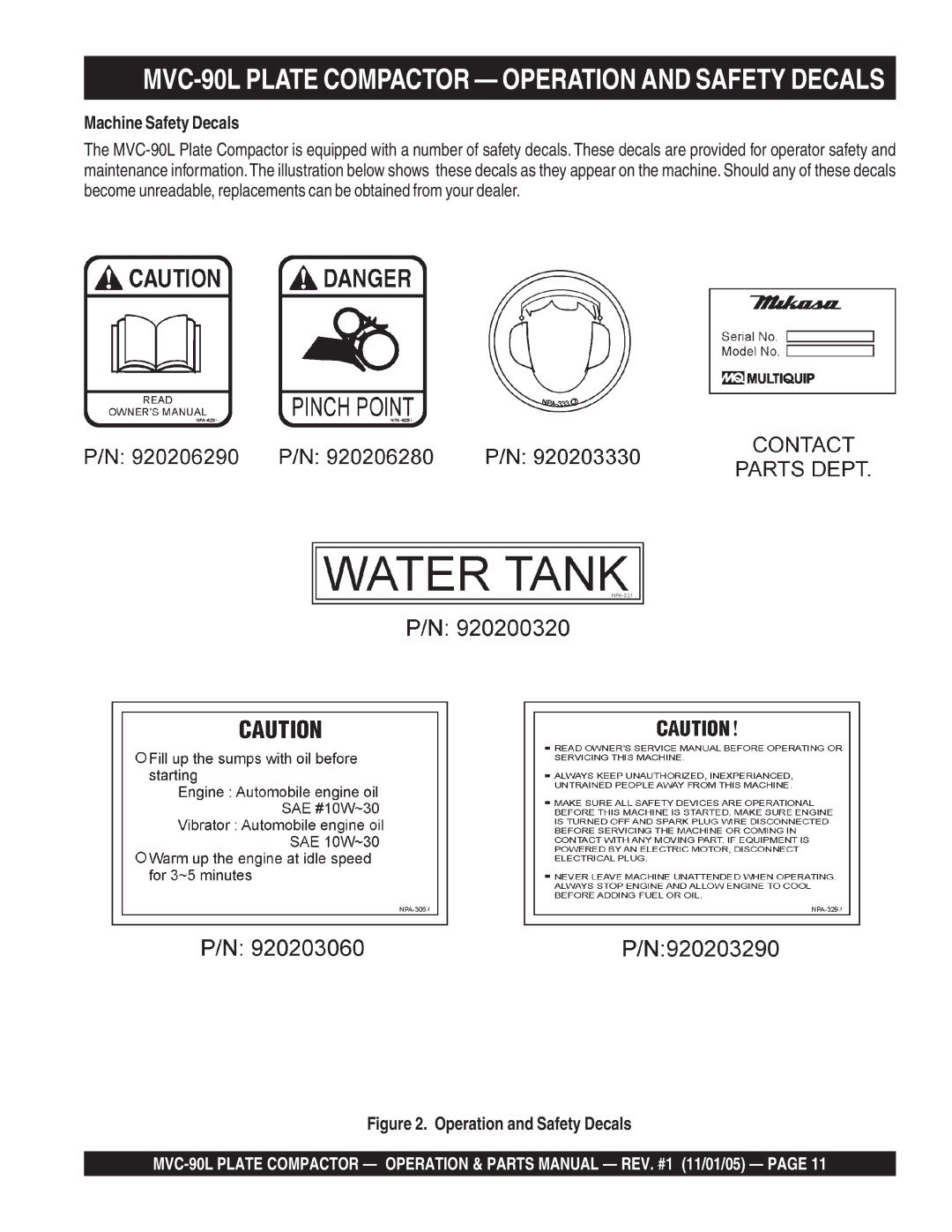 Multiquip manual MVC-90L Plate Compactor Operation and Safety Decals, Machine Safety Decals 