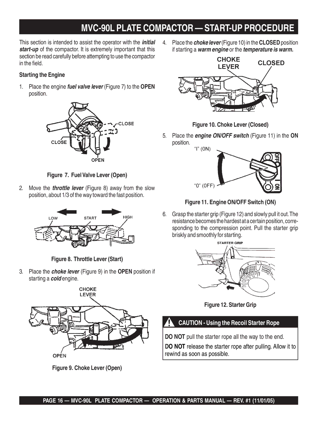 Multiquip manual MVC-90L Plate Compactor START-UP Procedure, Starting the Engine 