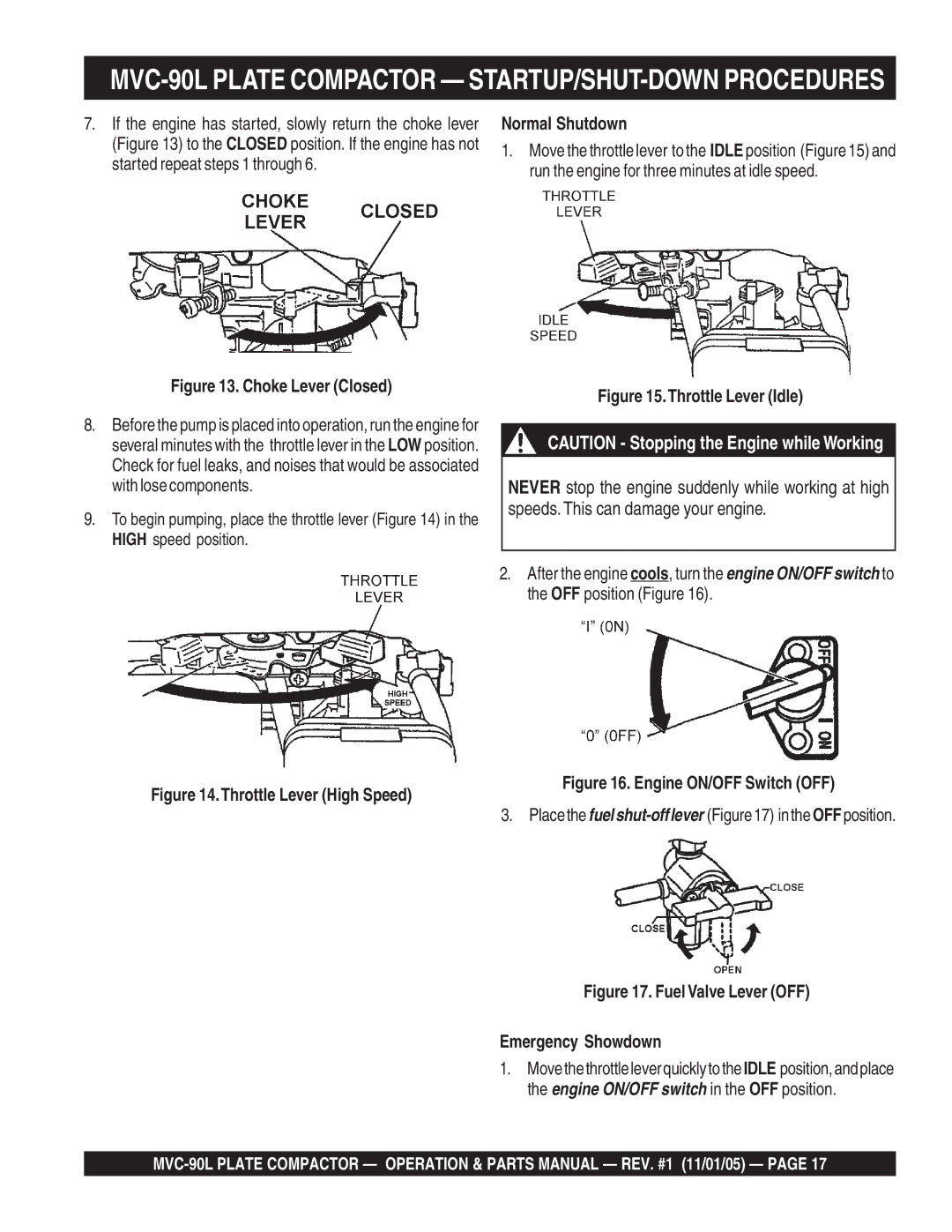 Multiquip MVC-90L manual Normal Shutdown, Placethefuelshut-offleverFigure17 intheOFFposition 