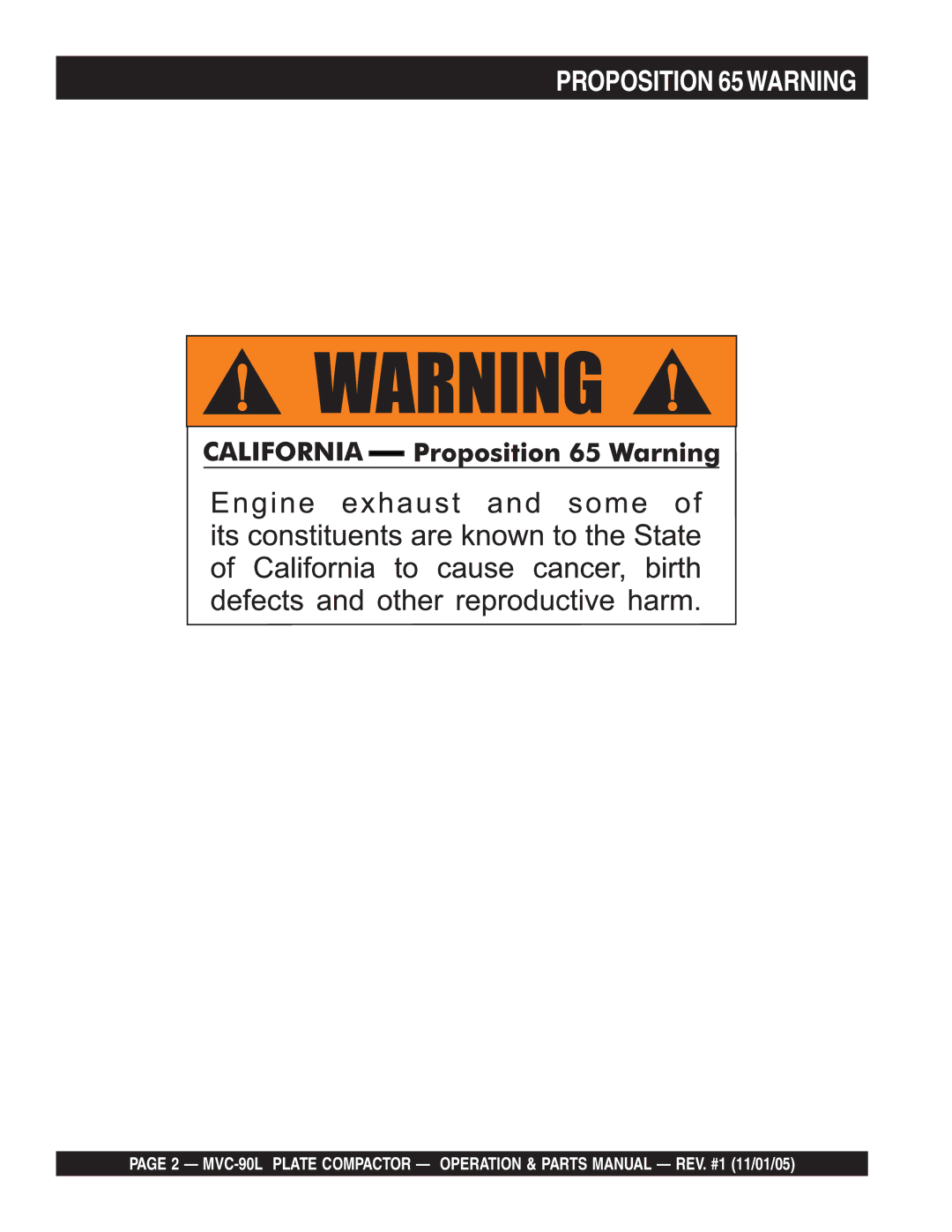 Multiquip MVC-90L manual Proposition 65WARNING 