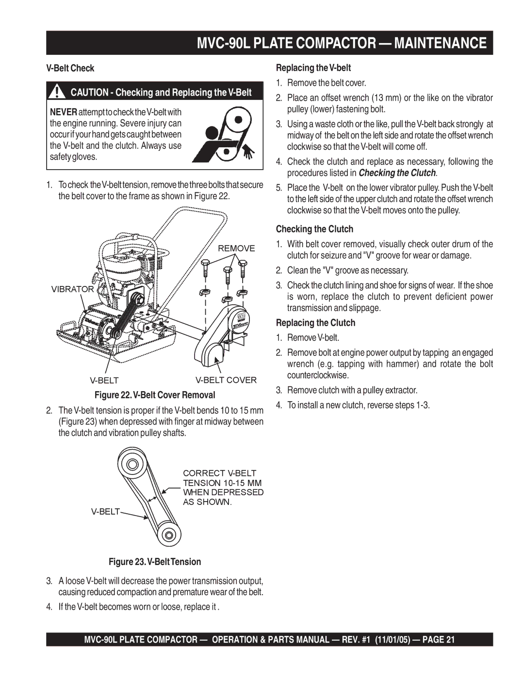 Multiquip MVC-90L manual Belt Check, Replacing theV-belt, Checking the Clutch, Replacing the Clutch 