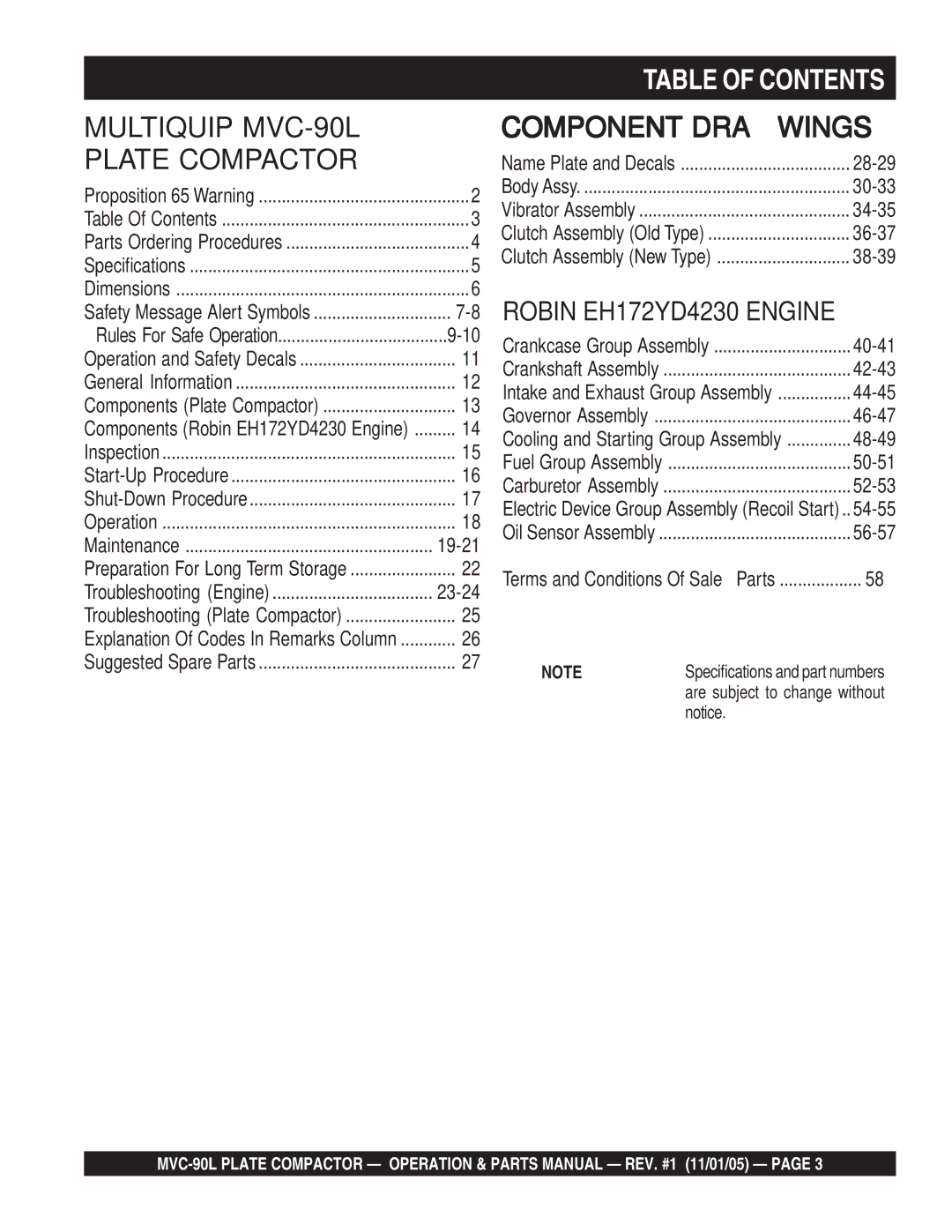 Multiquip MVC-90L manual Table of Contents 