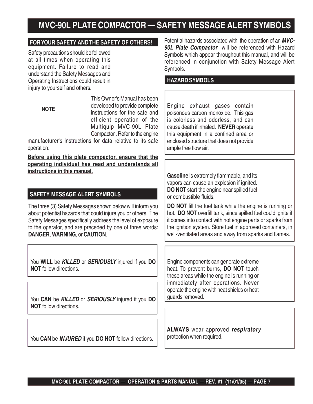 Multiquip manual MVC-90L Plate Compactor Safety Message Alert Symbols, Developed to provide complete 