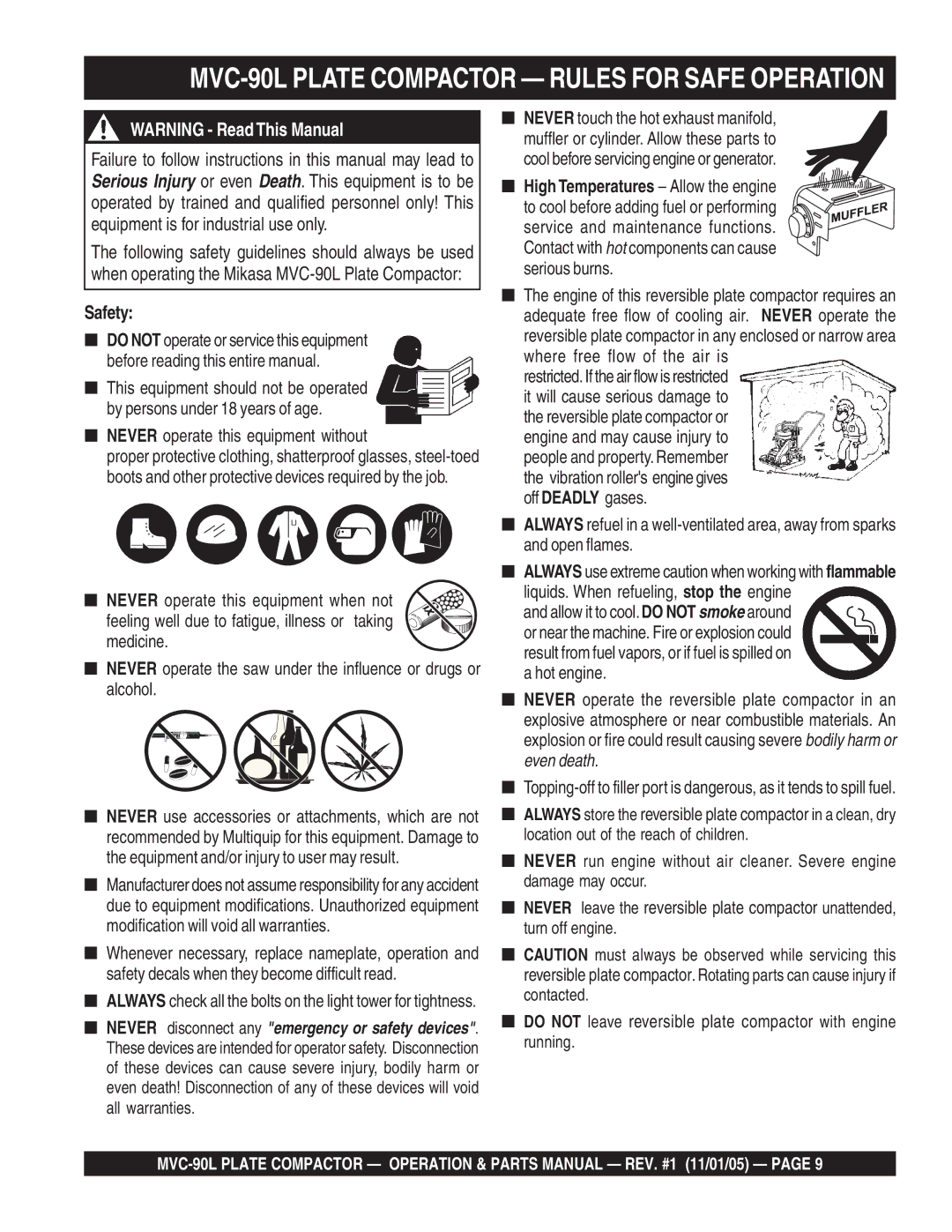 Multiquip manual MVC-90L Plate Compactor Rules for Safe Operation, Never operate this equipment without 