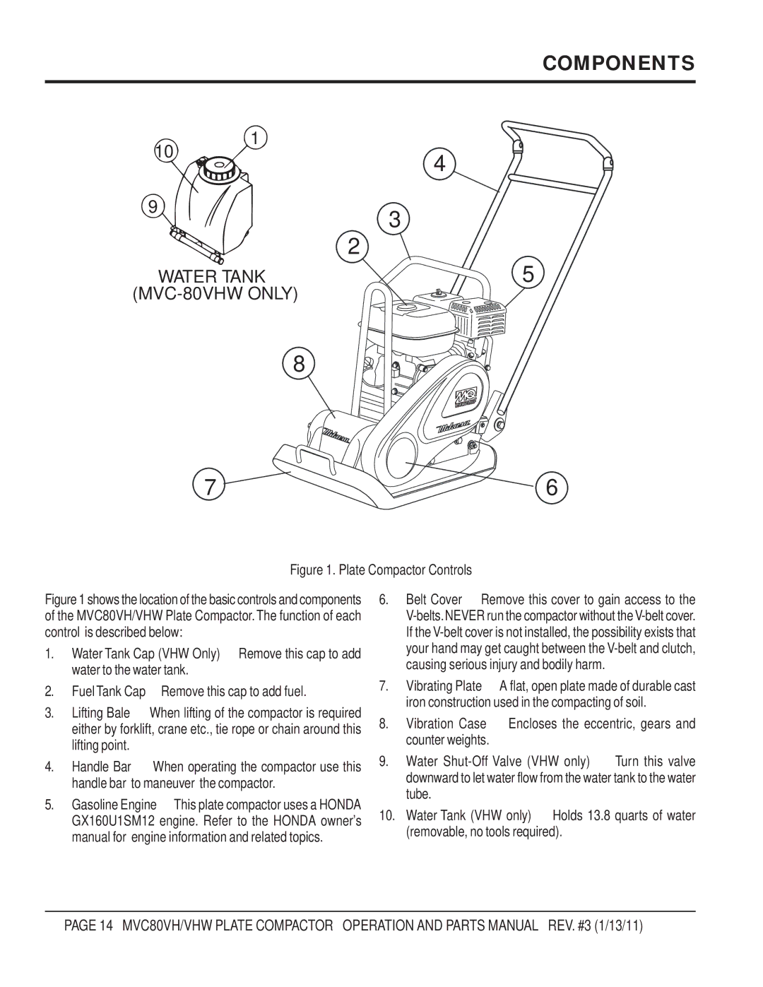 Multiquip MVC80VH/VHW manual Components, Water Tank MVC-80VHW only 