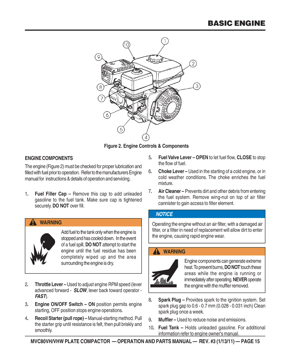 Multiquip MVC80VH/VHW manual Basic Engine, Engine Components 