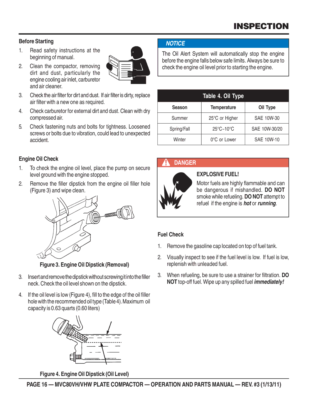 Multiquip MVC80VH/VHW manual Inspection, Before Starting 