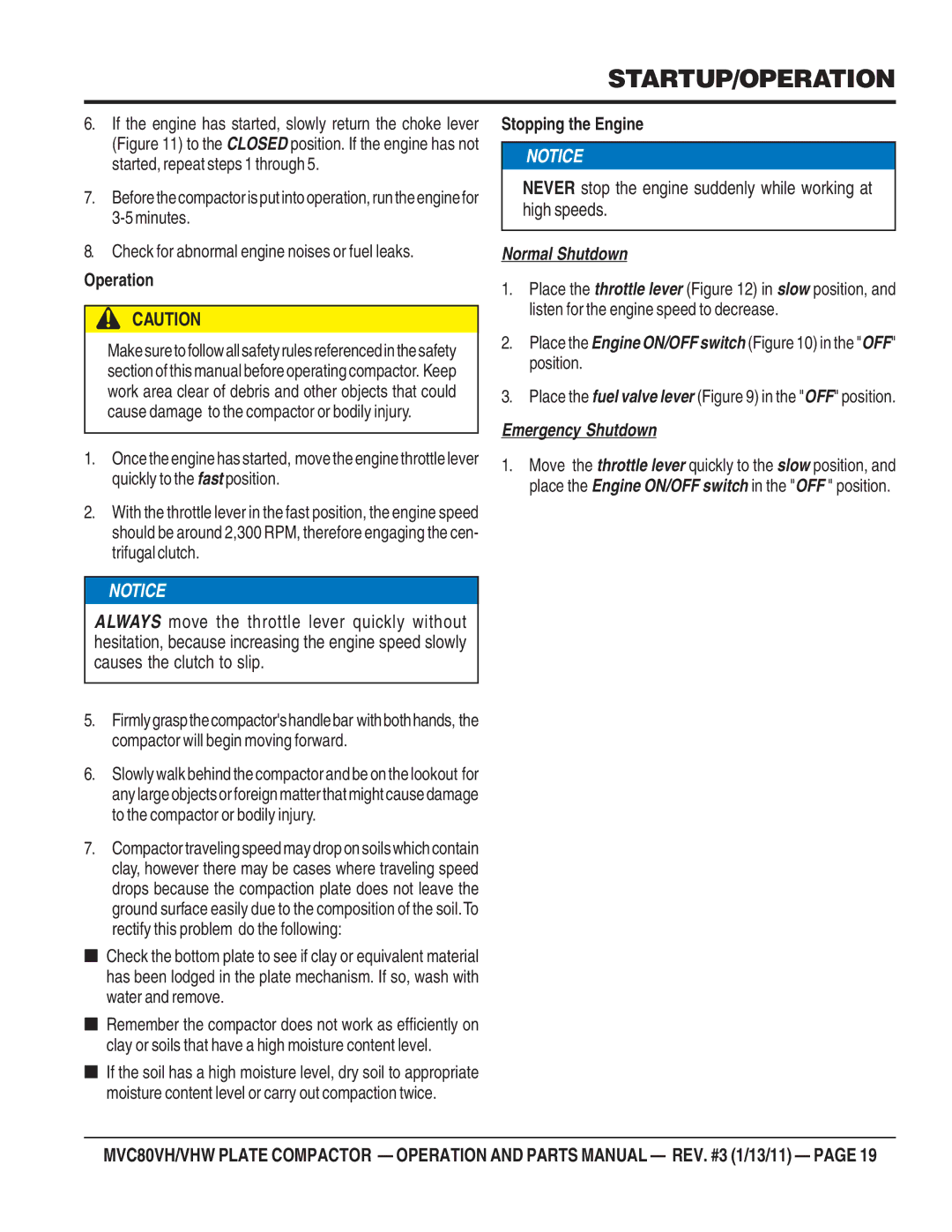 Multiquip MVC80VH/VHW manual Startup/Operation 