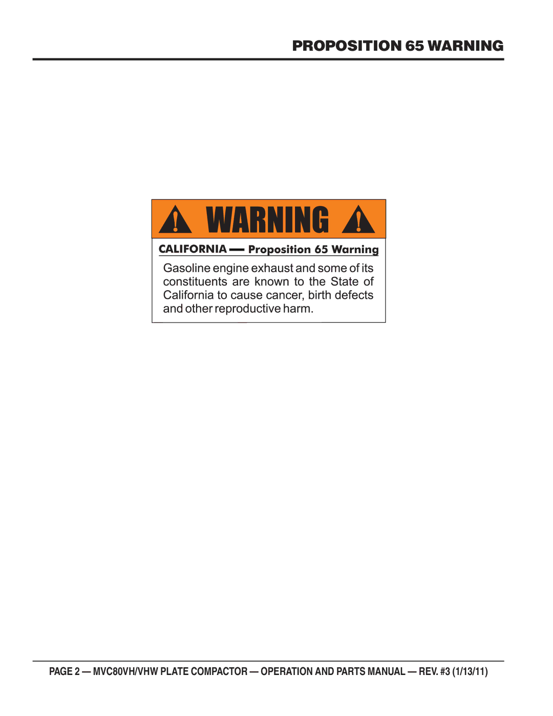 Multiquip MVC80VH/VHW manual Proposition 65 Warning 