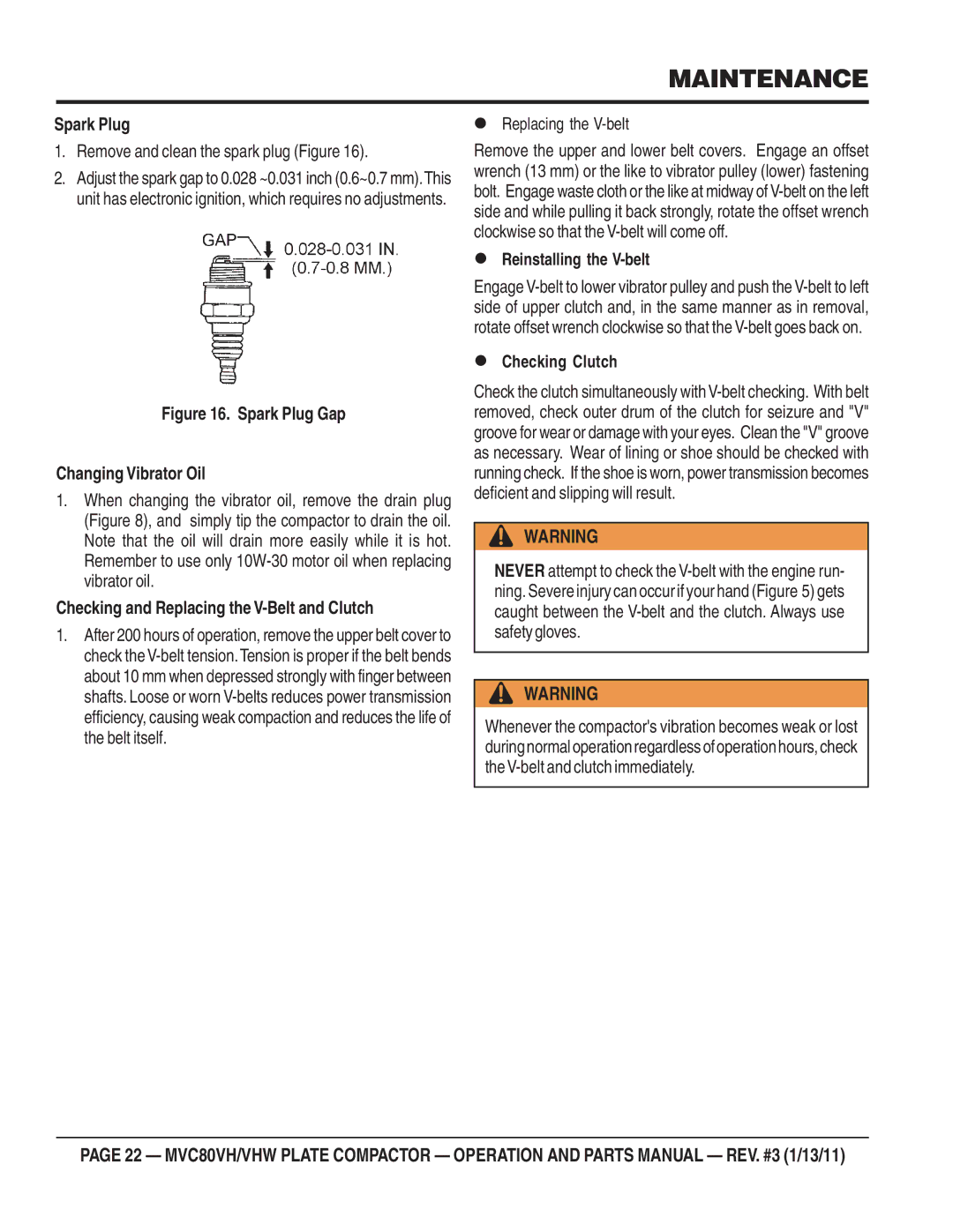 Multiquip MVC80VH/VHW manual Spark Plug Gap Changing Vibrator Oil 