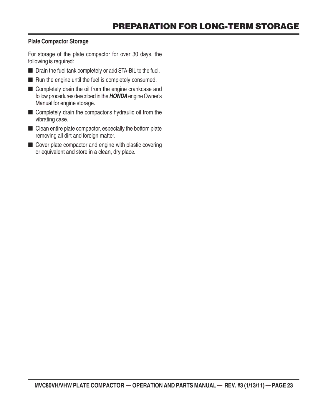 Multiquip MVC80VH/VHW manual Preparation for LONG-TERM Storage, Plate Compactor Storage 