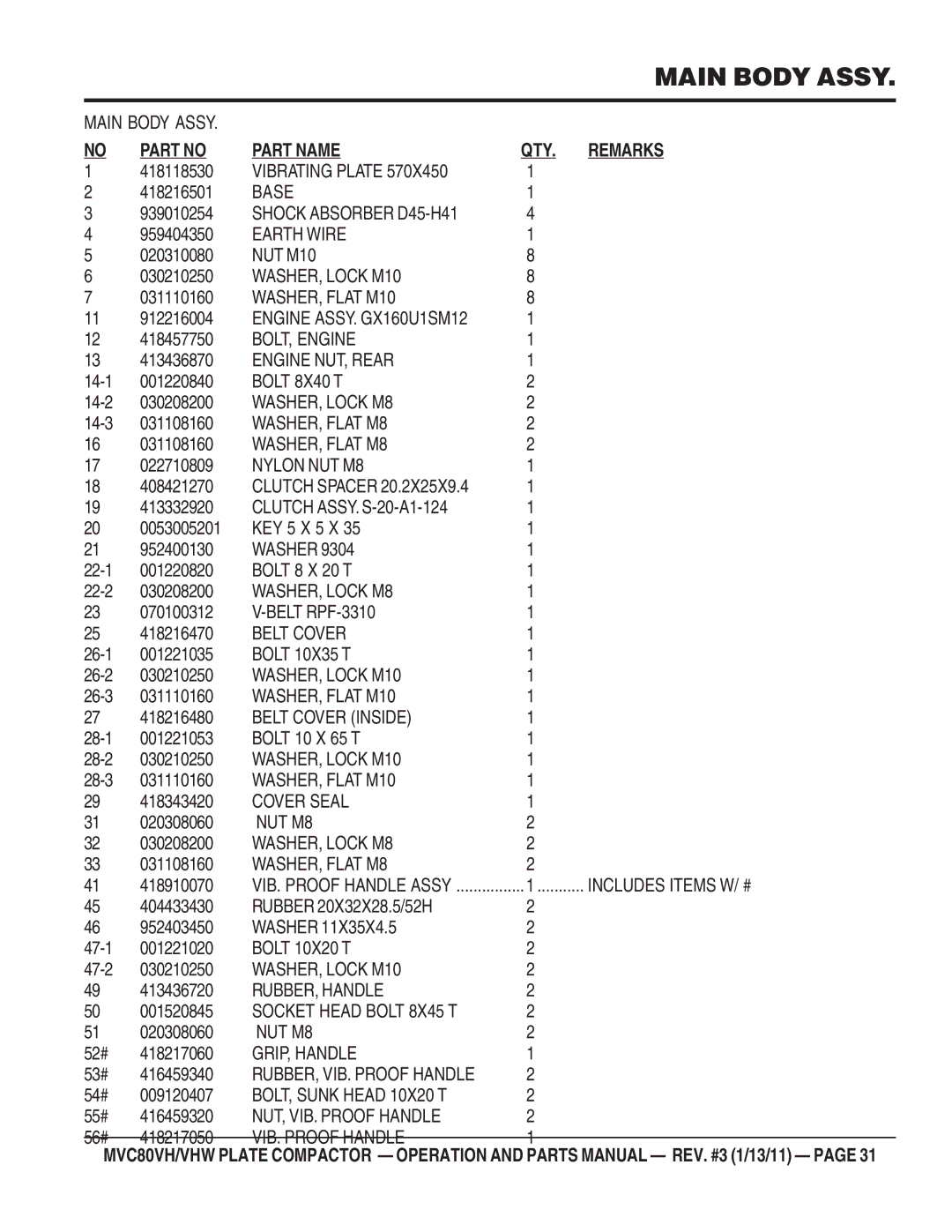 Multiquip MVC80VH/VHW manual Main Body Assy, Vibrating Plate, Base, Earth Wire, NUT M10, WASHER, Lock M10, WASHER, Flat M10 