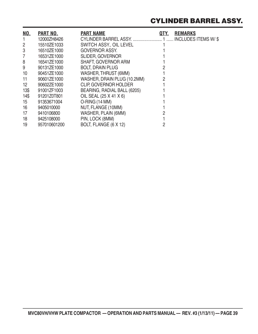 Multiquip MVC80VH/VHW Switch ASSY., OIL Level, Governor Assy, SLIDER, Governor, SHAFT, Governor ARM, BOLT, Drain Plug 