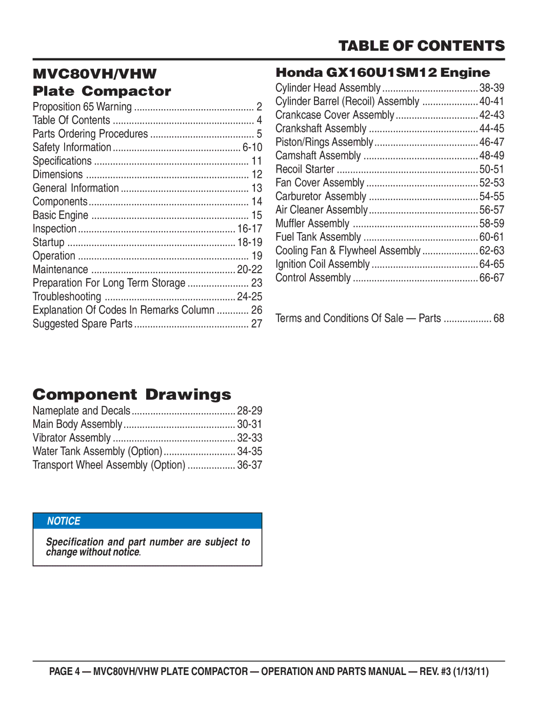 Multiquip MVC80VH/VHW manual Component Drawings, Table of Contents 