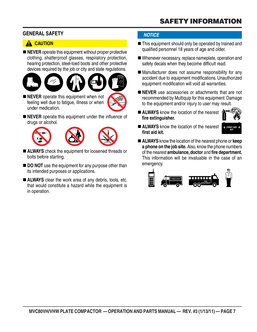 Multiquip MVC80VH/VHW manual General Safety 