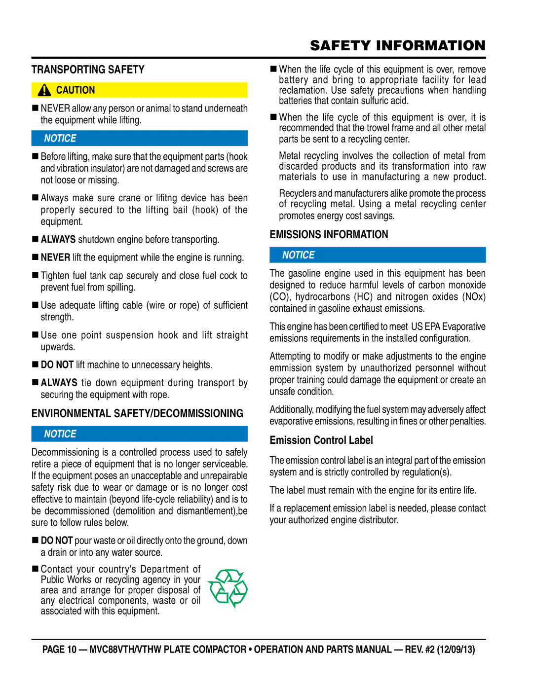 Multiquip MVC88VTHW manual TRanspORTing saFeTy, EnViROnMenTaL saFeTy/deCOMMissiOning, EMissiOns inFORMaTiOn 