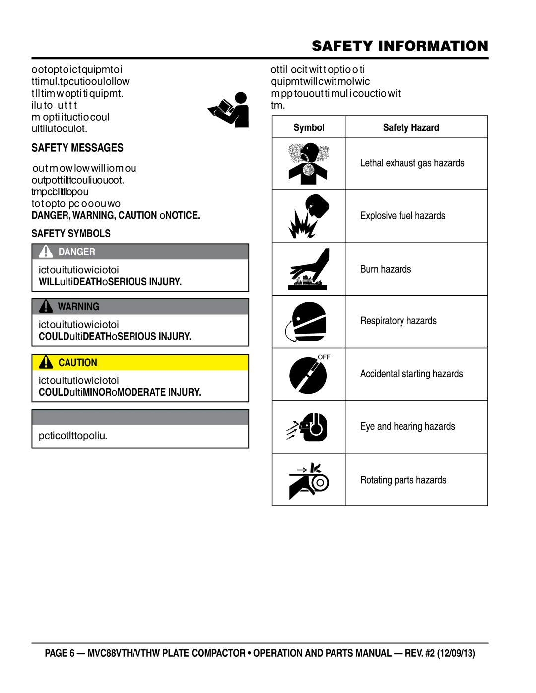 Multiquip MVC88VTHW manual Safety Information, SaFeTy Messages 