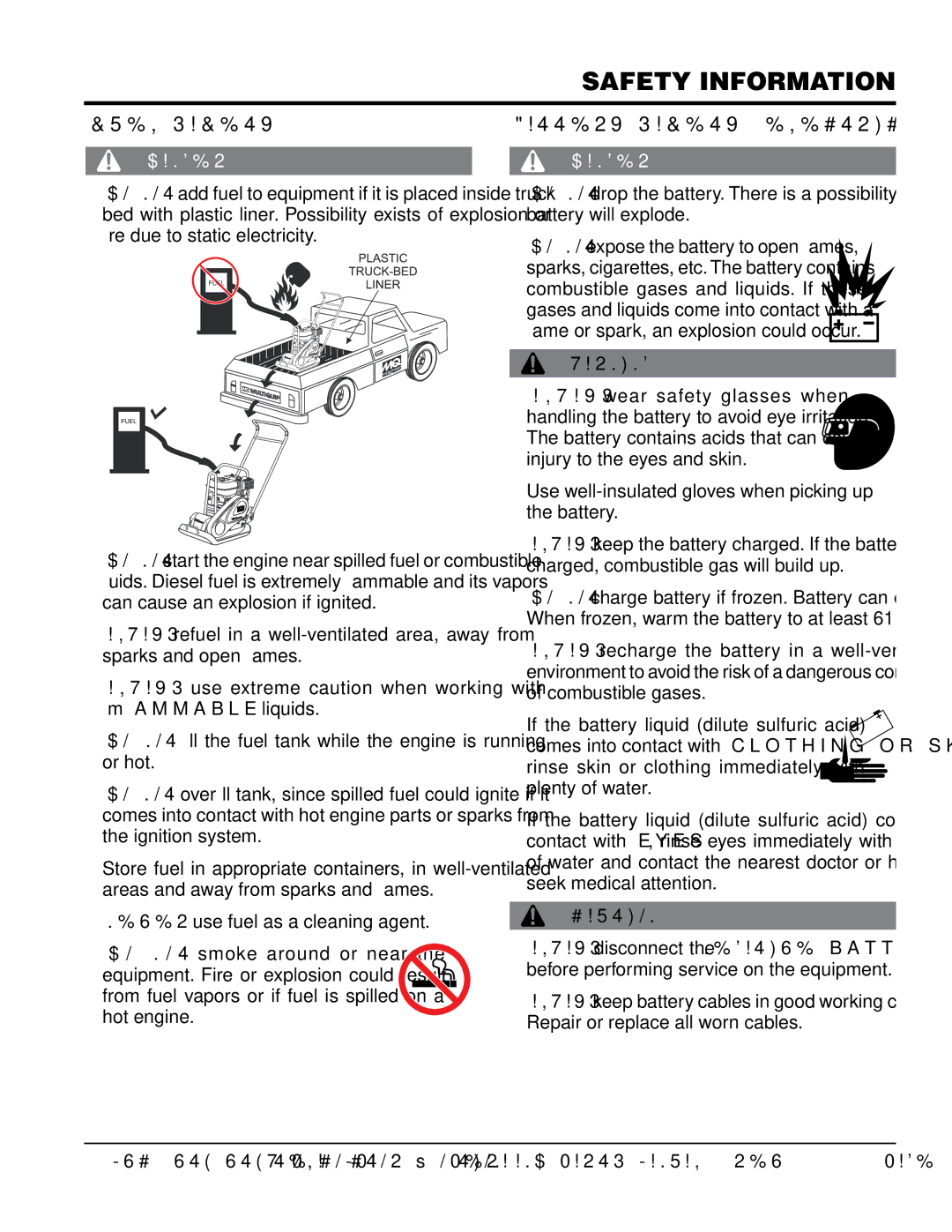 Multiquip MVC88VTHW manual FueL saFeTy, BaTTeRy saFeTy eLeCTRiC sTaRT OnLy 