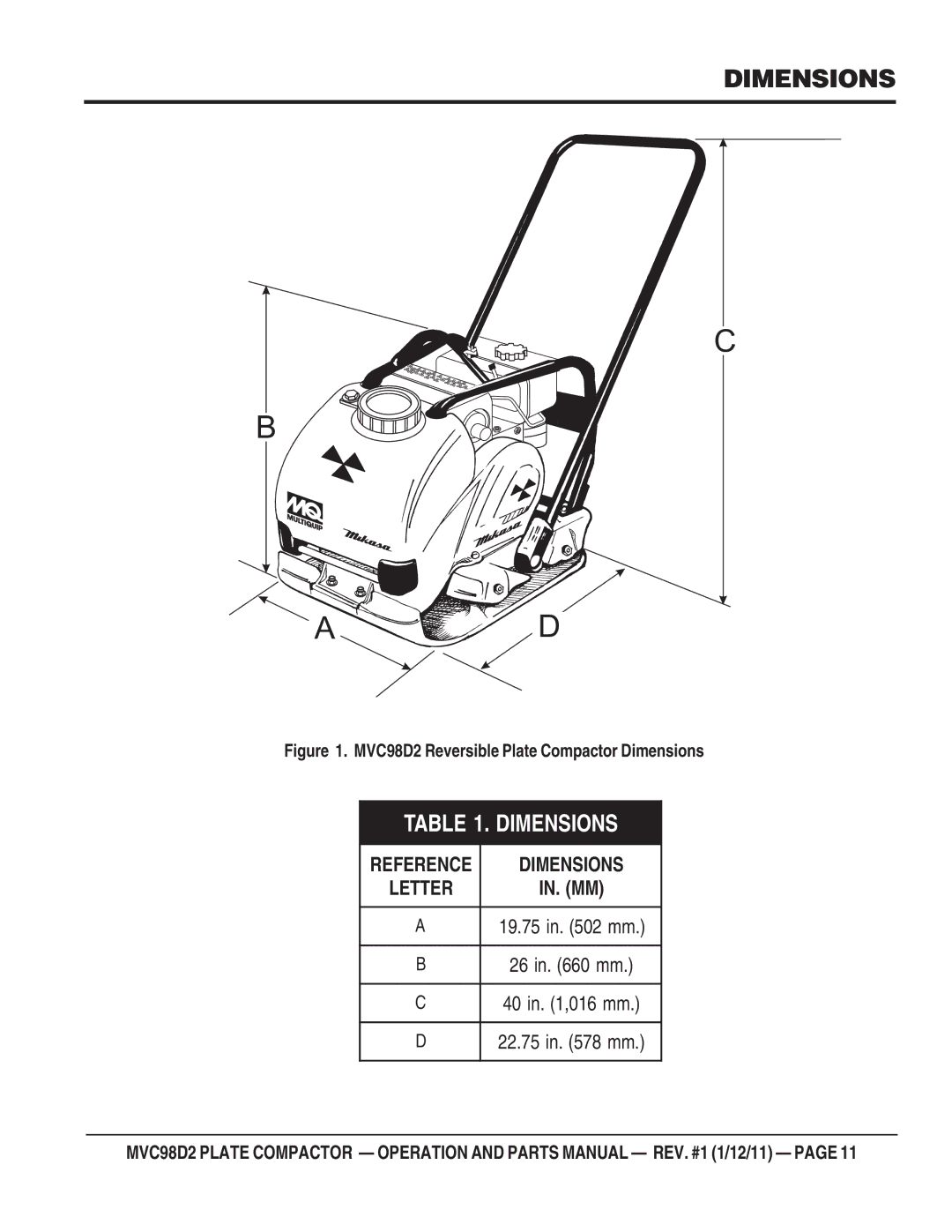 Multiquip manual MVC98D2 Reversible Plate Compactor Dimensions 