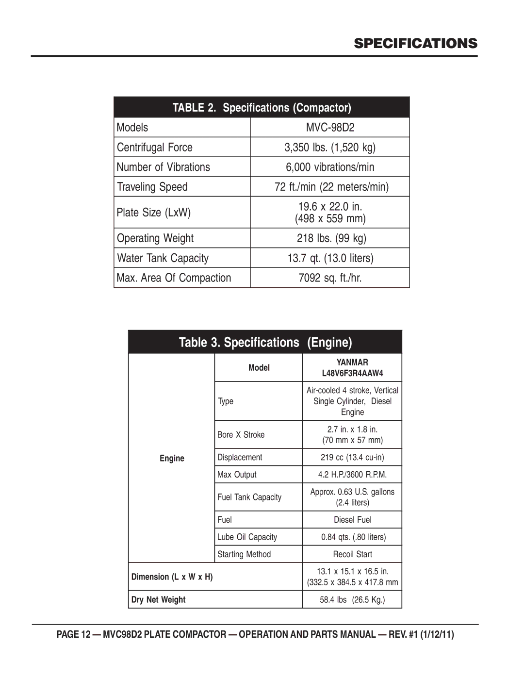 Multiquip MVC98D2 manual Specifications Compactor 