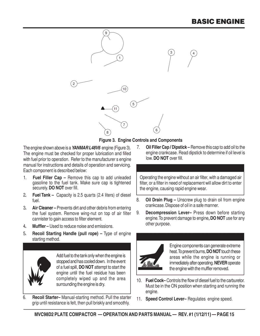 Multiquip MVC98D2 manual Basic Engine, Engine Controls and Components 