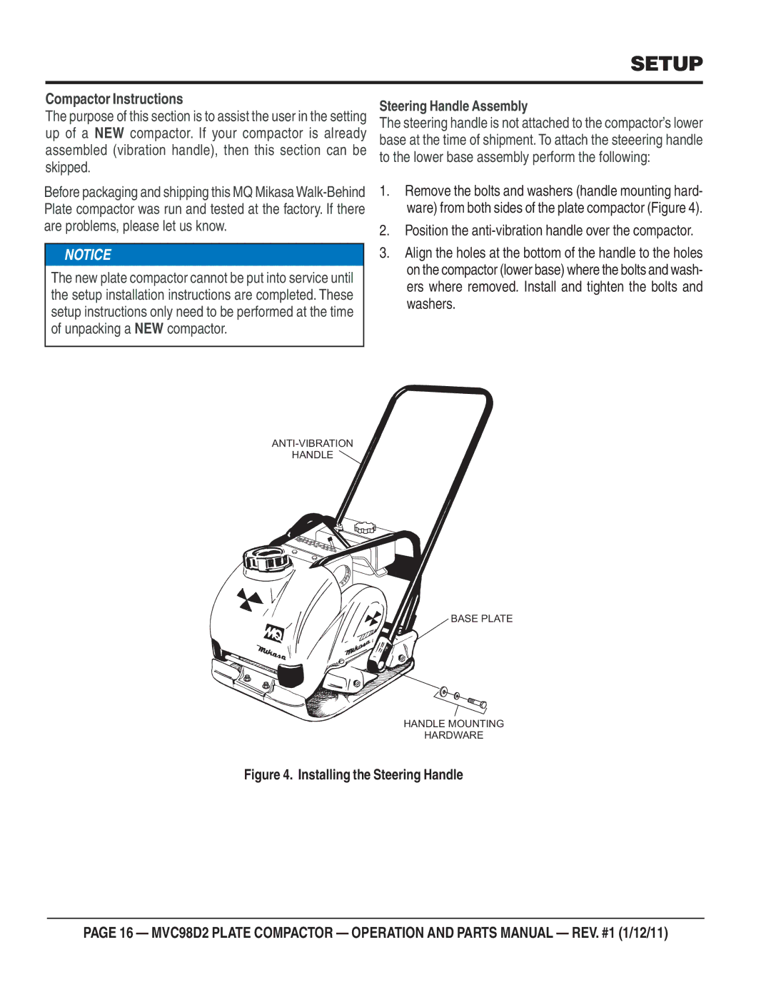 Multiquip MVC98D2 manual Setup, Installing the Steering Handle 