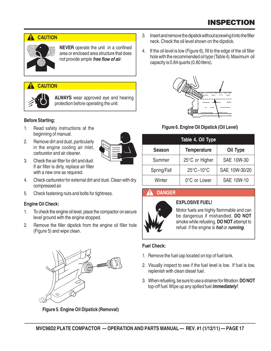 Multiquip MVC98D2 manual Inspection, Before Starting, Engine Oil Check, Temperature, Fuel Check 