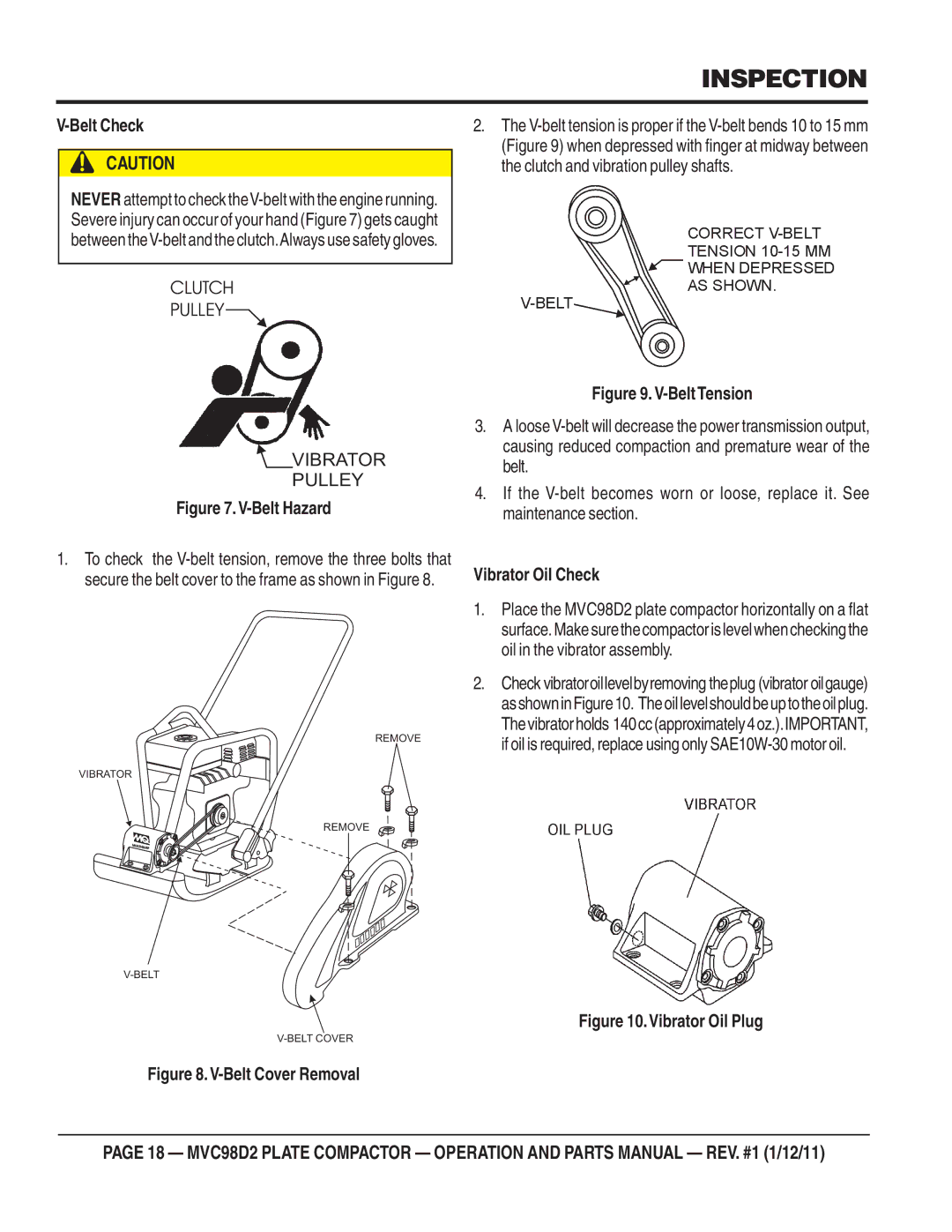 Multiquip MVC98D2 manual Belt Check, Vibrator Oil Check 