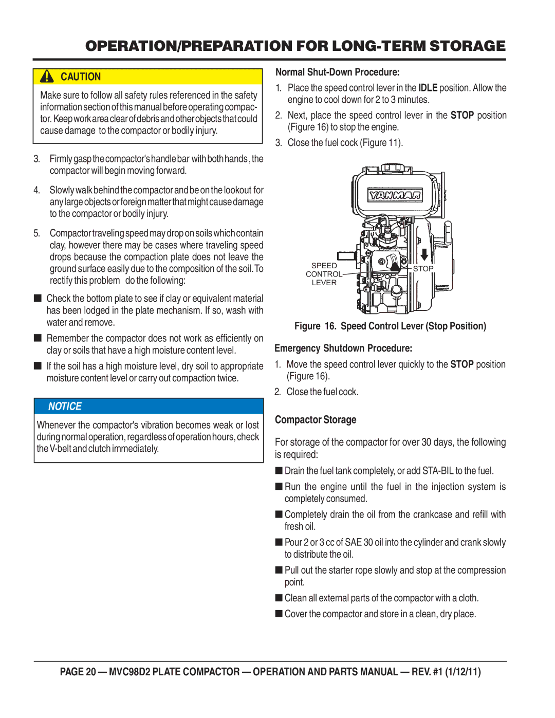 Multiquip MVC98D2 manual OPERATION/PREPARATION for LONG-TERM Storage, Normal Shut-Down Procedure 